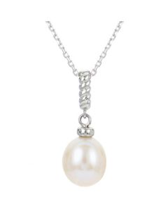 Cultured Freshwater Pearl (8mm) Twist Rope Pendant Necklace in Sterling Silver, 16" + 2" extender