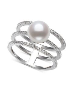 Cultured Freshwater Button Pearl (8mm) & Cubic Zirconia Triple Row Statement Ring in Sterling Silver