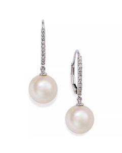 Cultured Freshwater Pearl (10mm) and Diamond (1/10 ct.t.w) Leverback Earrings in 14k White Gold (Also available in 14k yellow gold or 14k rose gold)