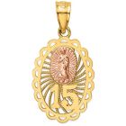 "15" Our Lady of Guadeloupe Two-Tone Charm Pendant in 14k Yellow & Rose Gold